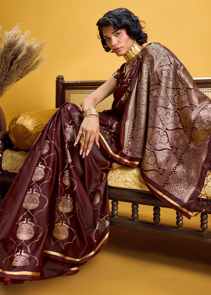 Wine Brown Satin Handloom Weaving Saree with Blouse
