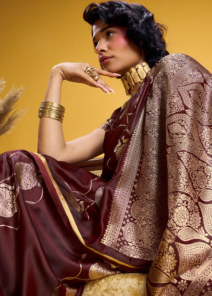 Wine Brown Satin Handloom Weaving Saree with Blouse