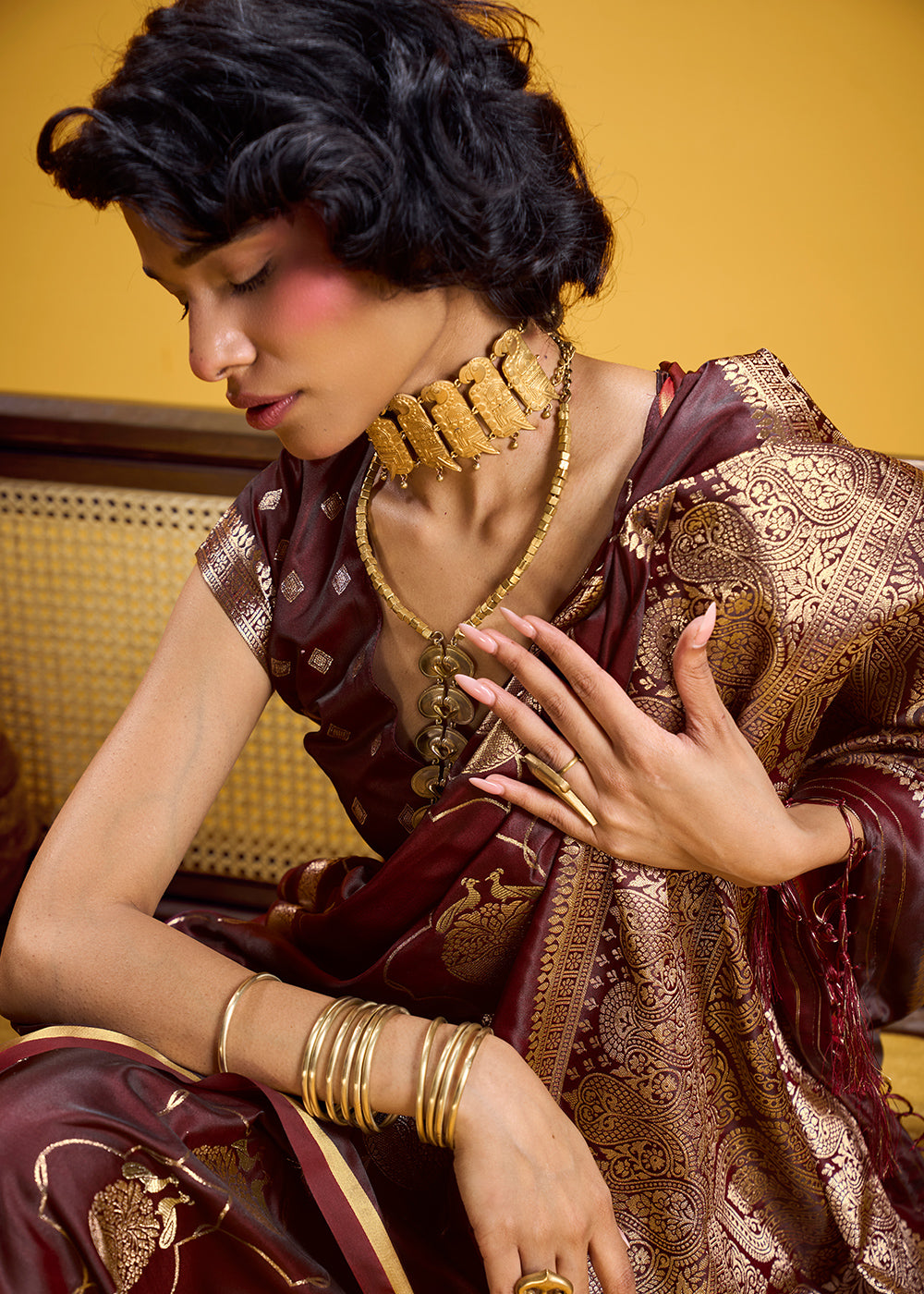 Wine Brown Satin Handloom Weaving Saree with Blouse