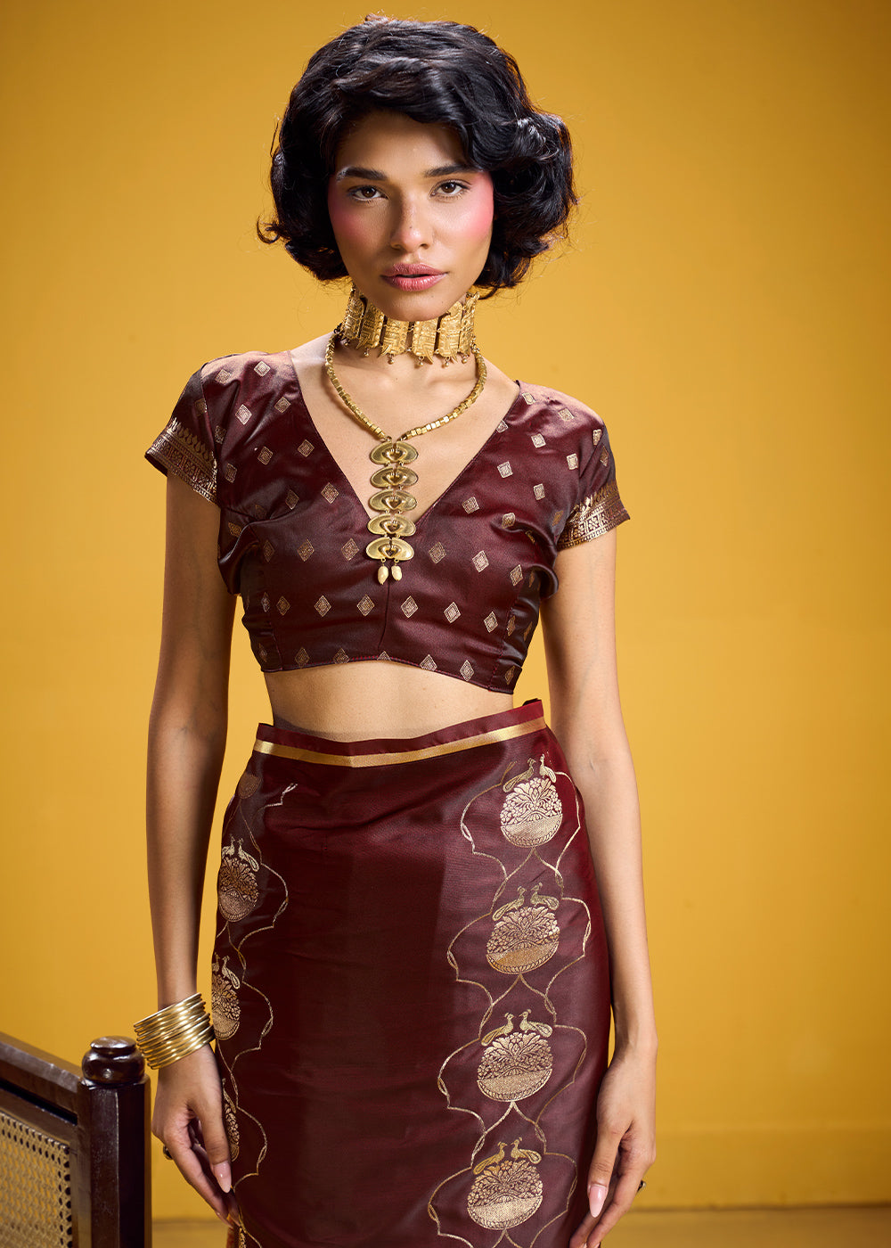 Wine Brown Satin Handloom Weaving Saree with Blouse