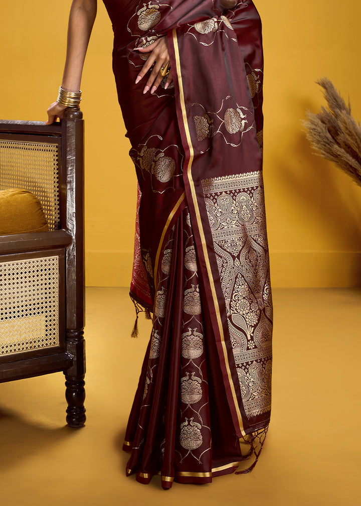 Wine Brown Satin Handloom Weaving Saree with Blouse
