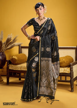 Classic Black Satin Handloom Weaving Saree with Blouse