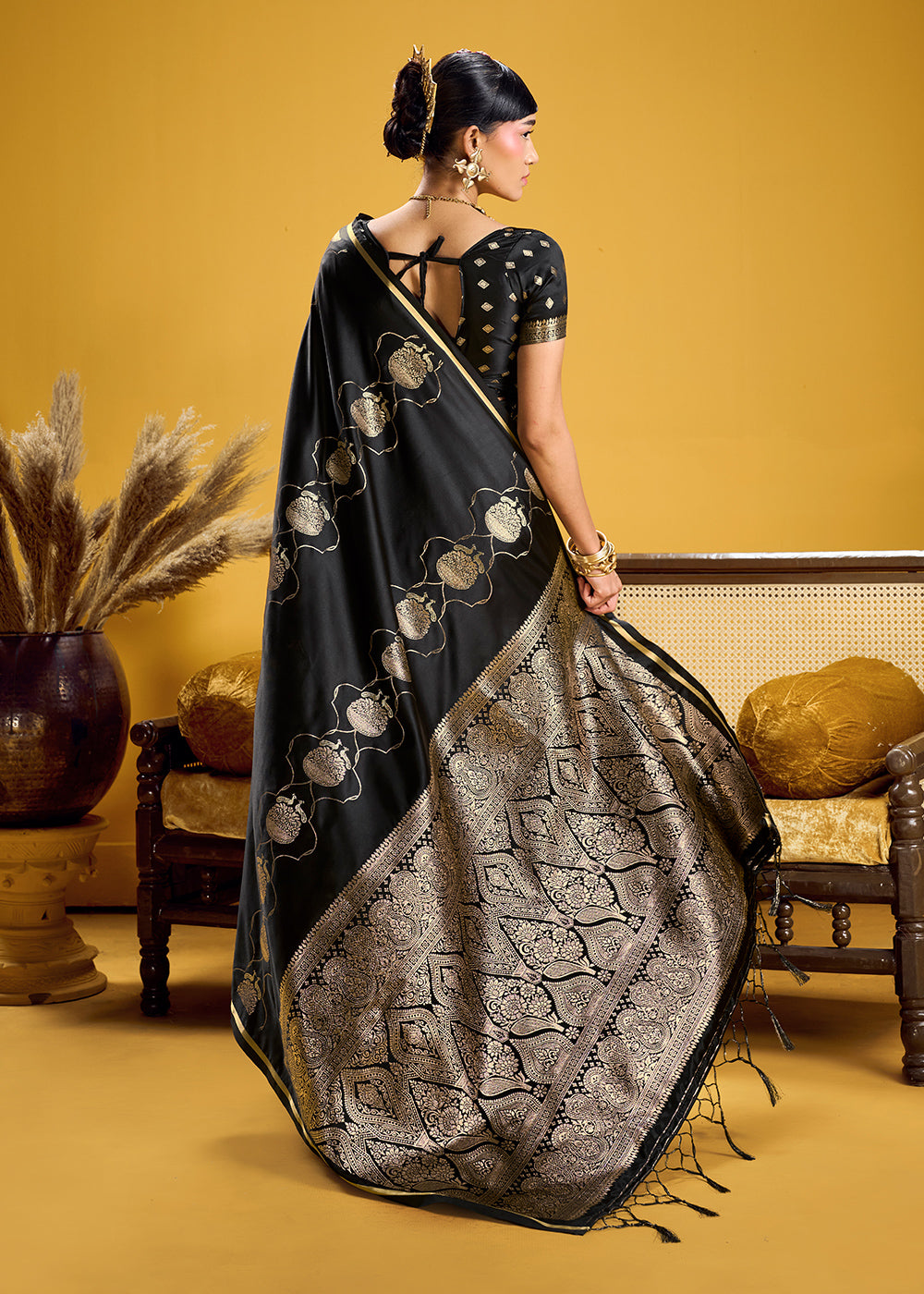 Classic Black Satin Handloom Weaving Saree with Blouse