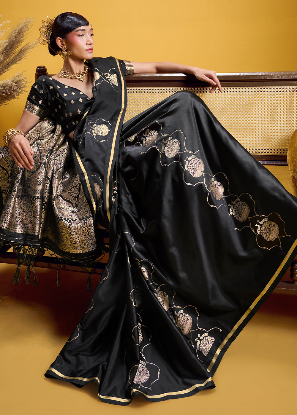 Classic Black Satin Handloom Weaving Saree with Blouse