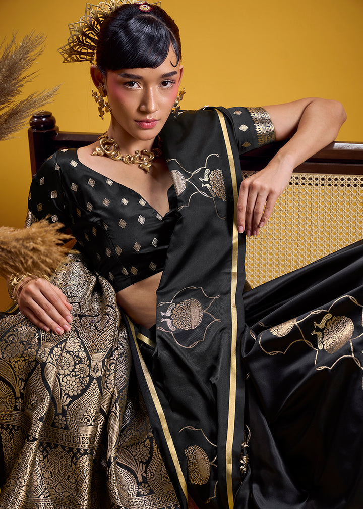 Classic Black Satin Handloom Weaving Saree with Blouse