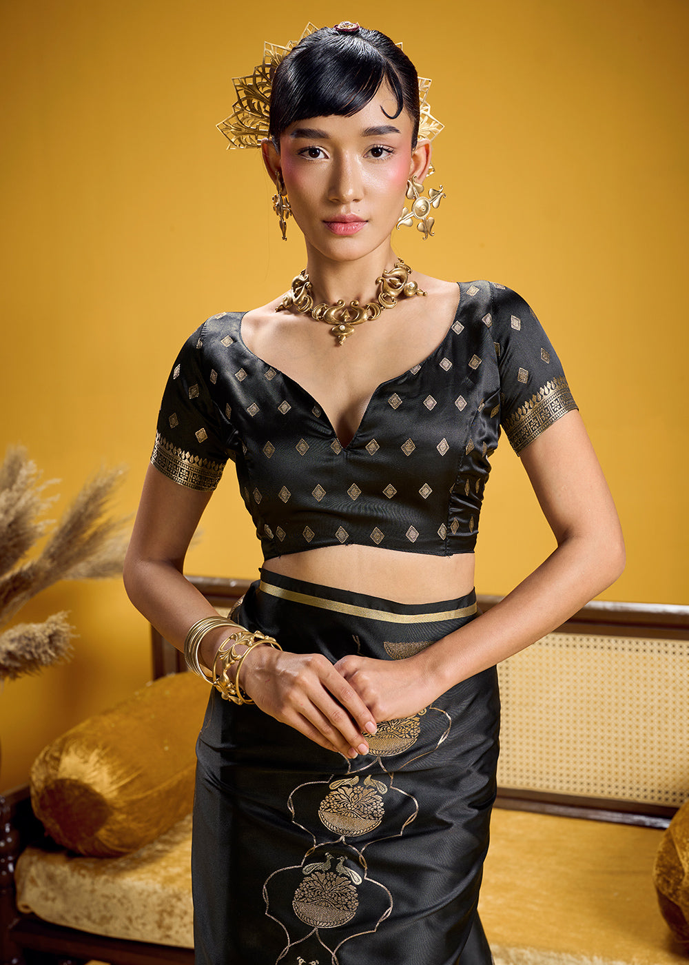 Classic Black Satin Handloom Weaving Saree with Blouse