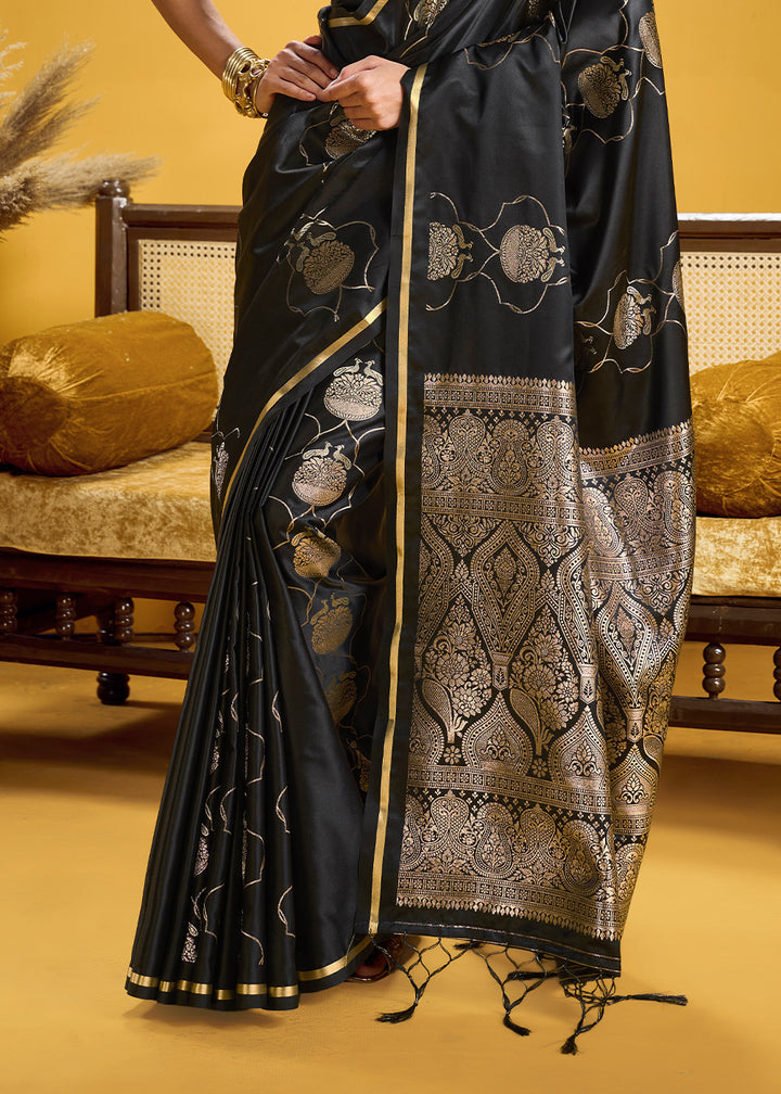 Classic Black Satin Handloom Weaving Saree with Blouse