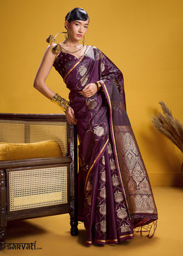 Deep Plum Satin Handloom Weaving Saree with Blouse