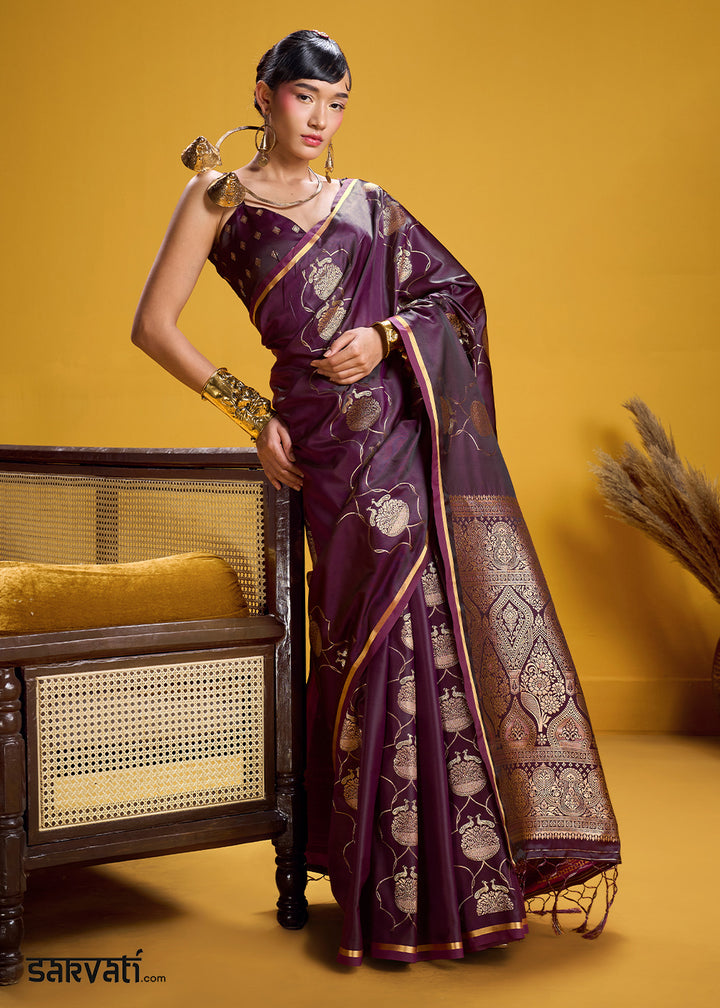 Deep Plum Satin Handloom Weaving Saree with Blouse