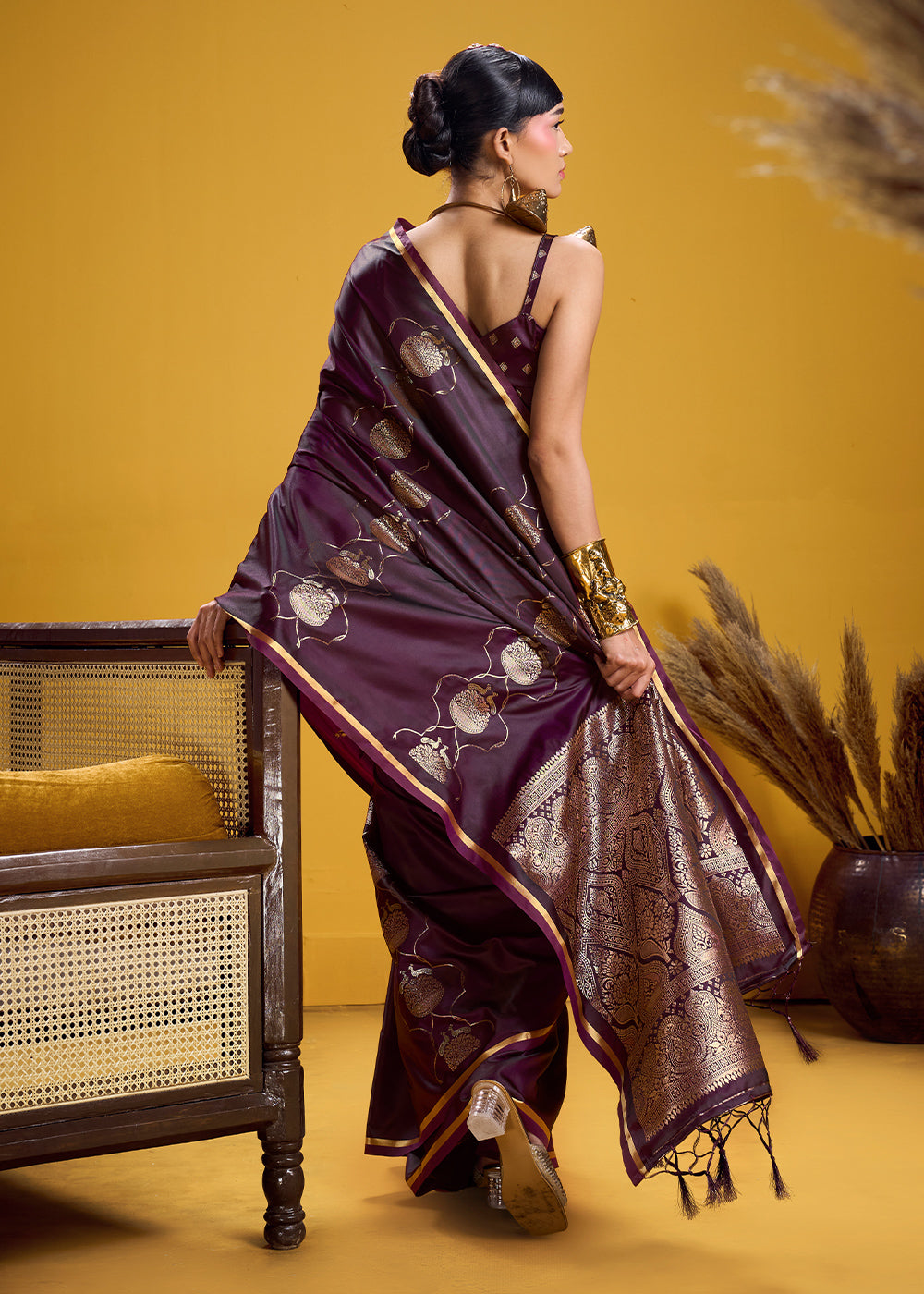 Deep Plum Satin Handloom Weaving Saree with Blouse