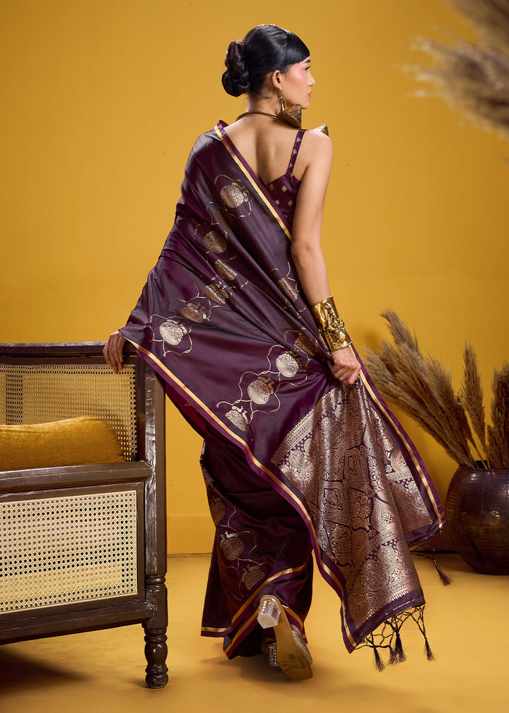 Deep Plum Satin Handloom Weaving Saree with Blouse