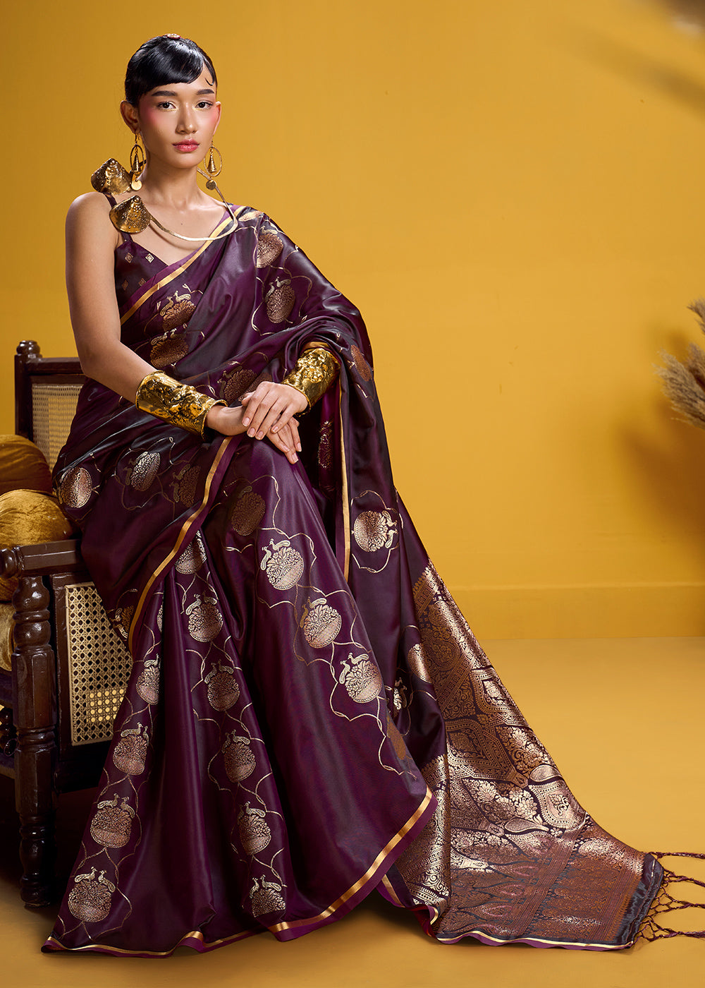 Deep Plum Satin Handloom Weaving Saree with Blouse