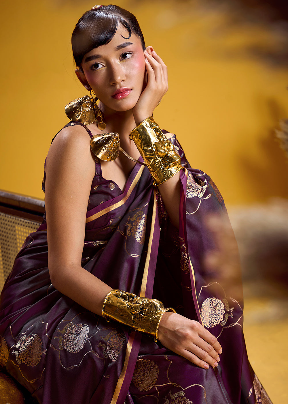Deep Plum Satin Handloom Weaving Saree with Blouse