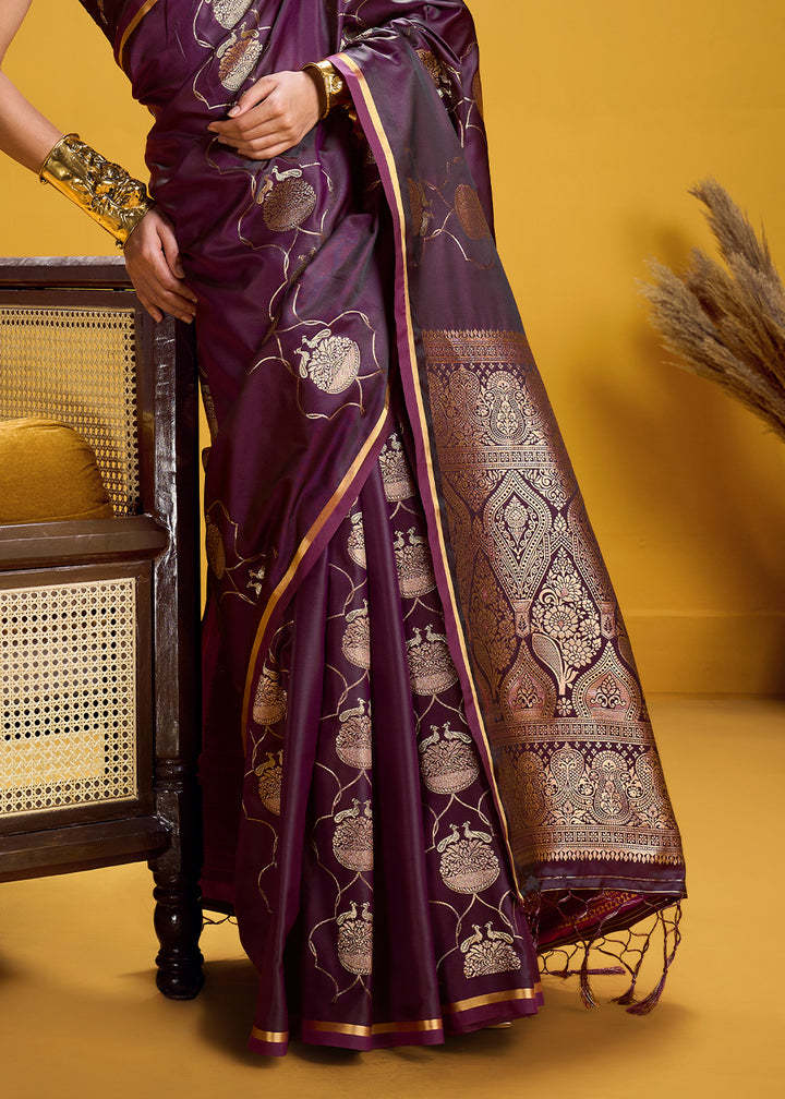 Deep Plum Satin Handloom Weaving Saree with Blouse