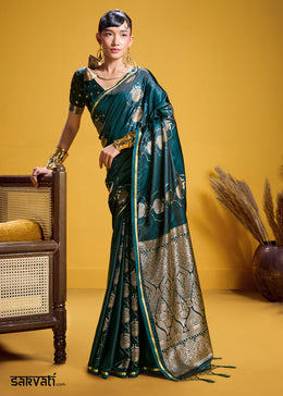 Teal Green Satin Handloom Weaving Saree with Blouse