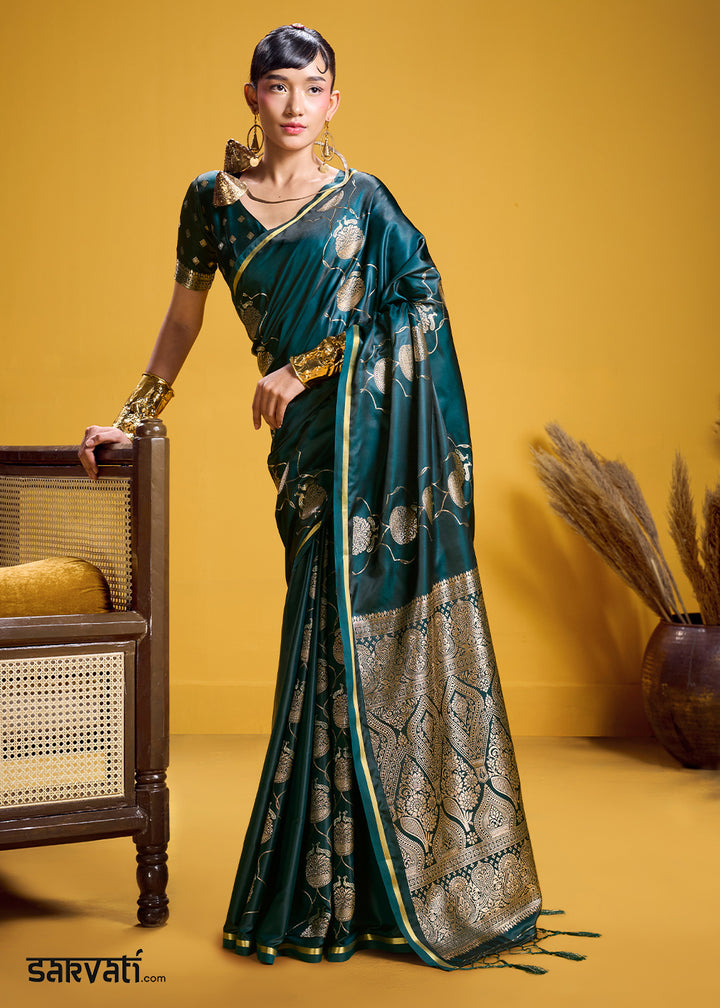 Teal Green Satin Handloom Weaving Saree with Blouse