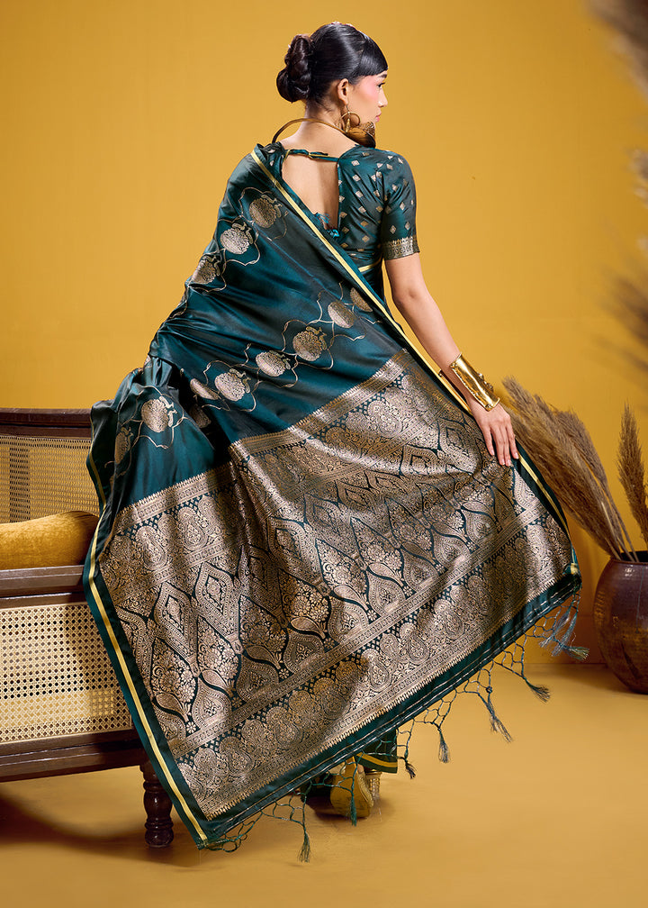 Teal Green Satin Handloom Weaving Saree with Blouse