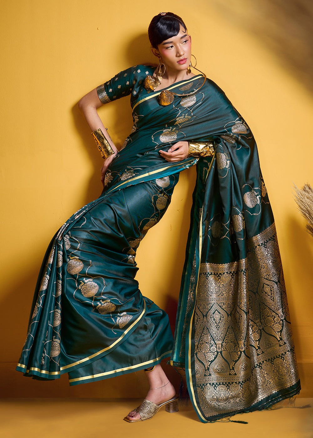 Teal Green Satin Handloom Weaving Saree with Blouse