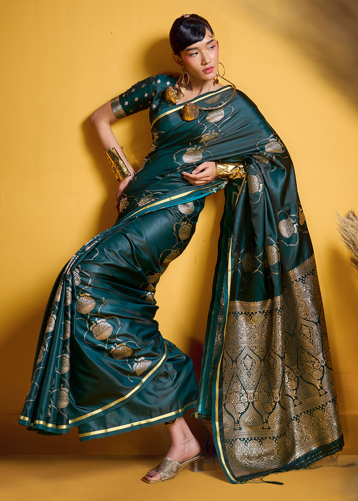 Teal Green Satin Handloom Weaving Saree with Blouse