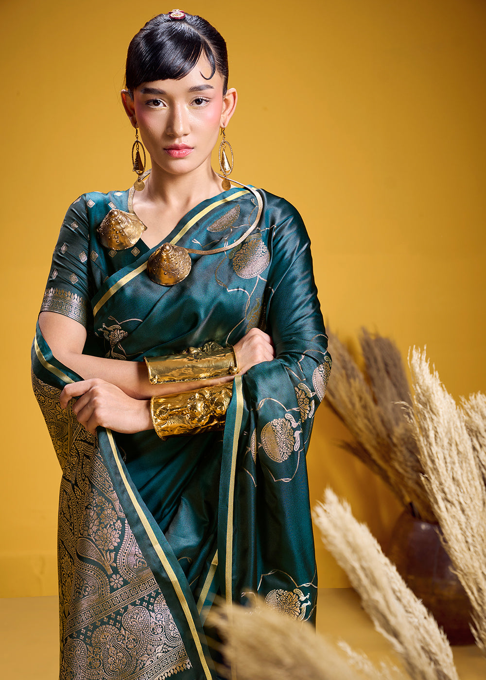 Teal Green Satin Handloom Weaving Saree with Blouse