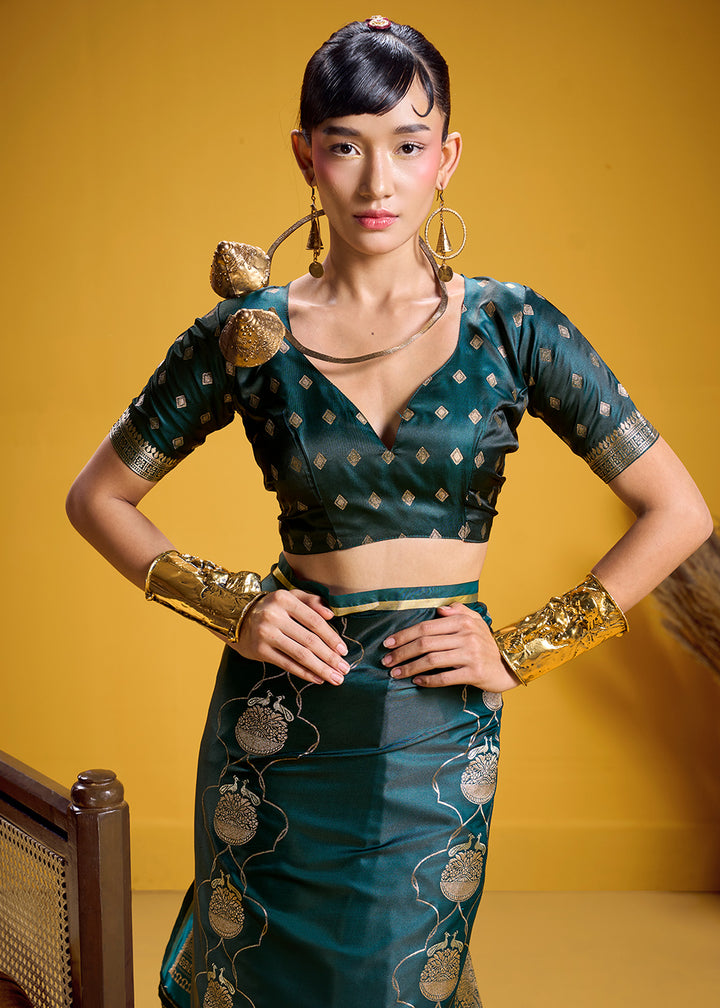 Teal Green Satin Handloom Weaving Saree with Blouse