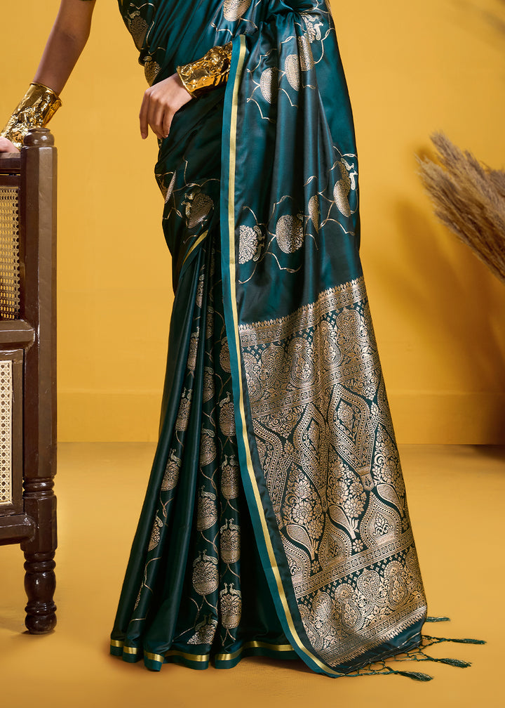 Teal Green Satin Handloom Weaving Saree with Blouse
