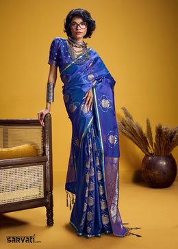 Royal Blue Satin Handloom Weaving Saree with Blouse