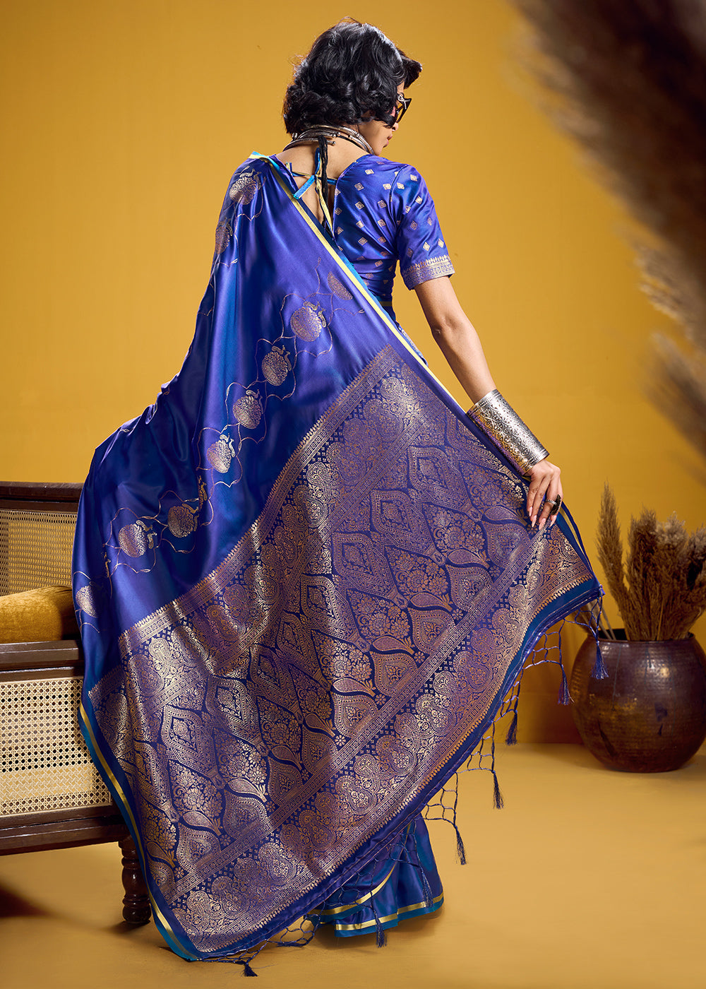 Royal Blue Satin Handloom Weaving Saree with Blouse