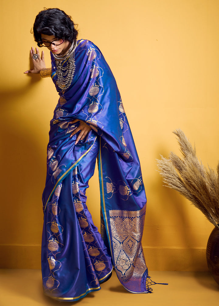 Royal Blue Satin Handloom Weaving Saree with Blouse