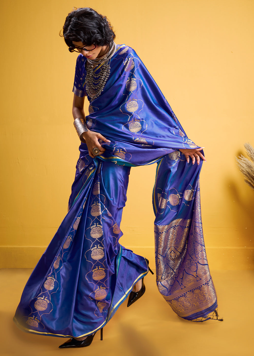 Royal Blue Satin Handloom Weaving Saree with Blouse