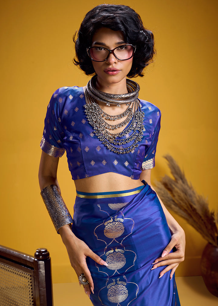 Royal Blue Satin Handloom Weaving Saree with Blouse
