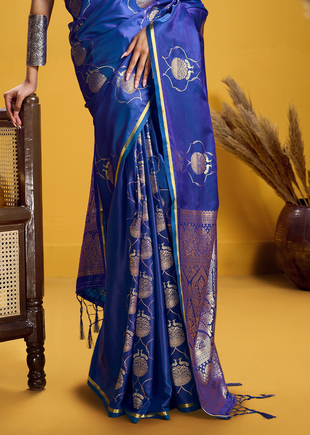 Royal Blue Satin Handloom Weaving Saree with Blouse