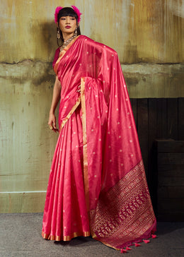 Cerise Pink Tussar Silk Handloom Woven Saree with Zari Butti