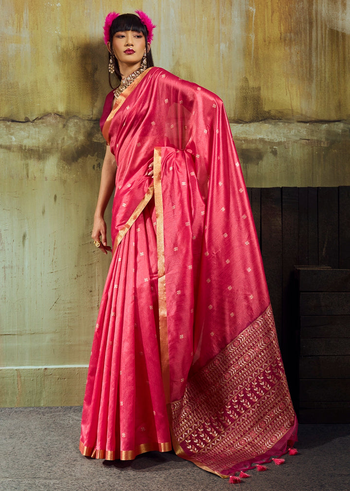 Cerise Pink Tussar Silk Handloom Woven Saree with Zari Butti