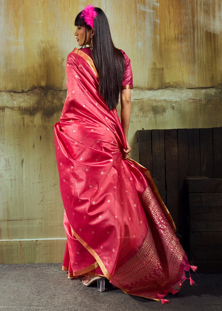 Cerise Pink Tussar Silk Handloom Woven Saree with Zari Butti