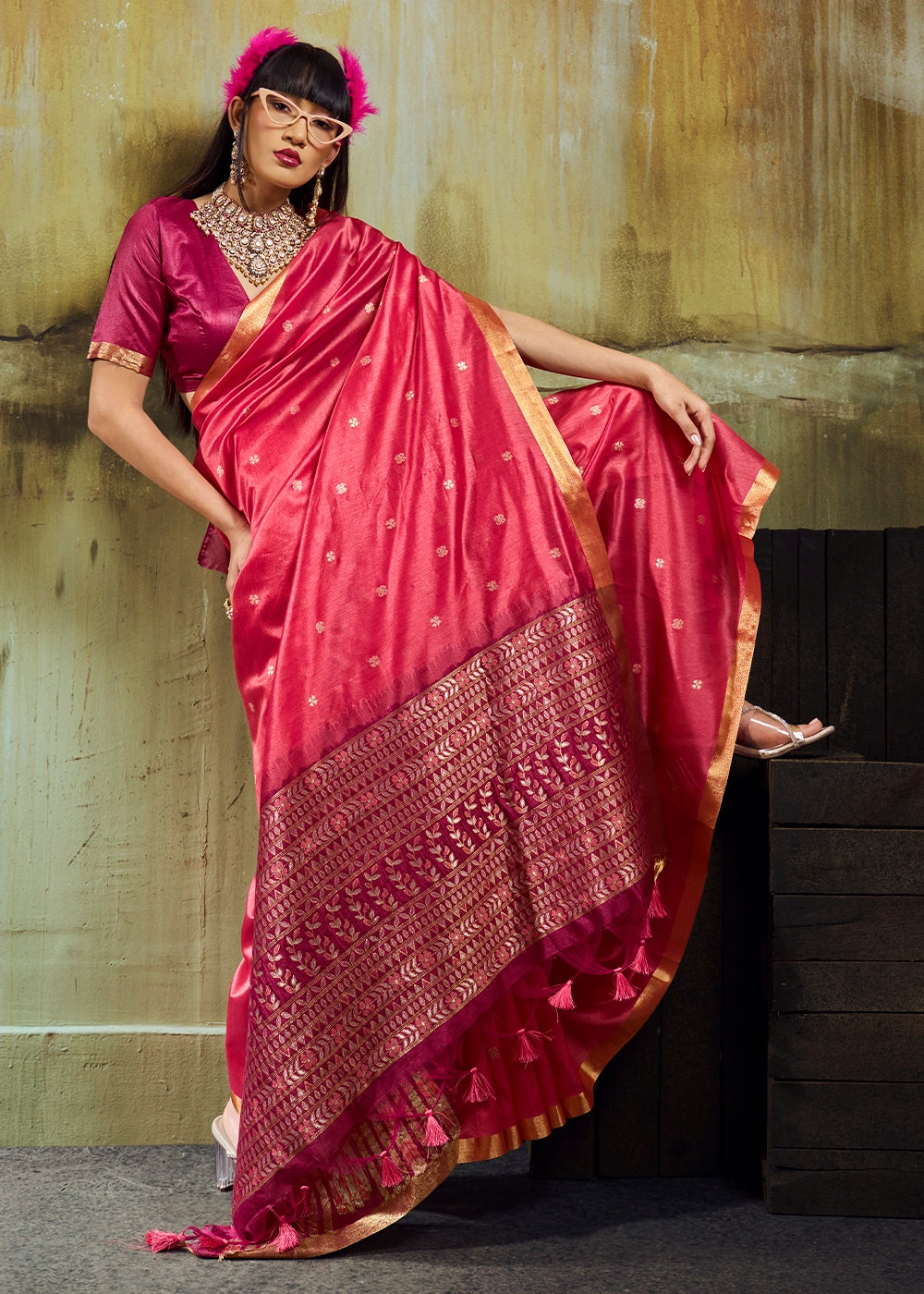Cerise Pink Tussar Silk Handloom Woven Saree with Zari Butti