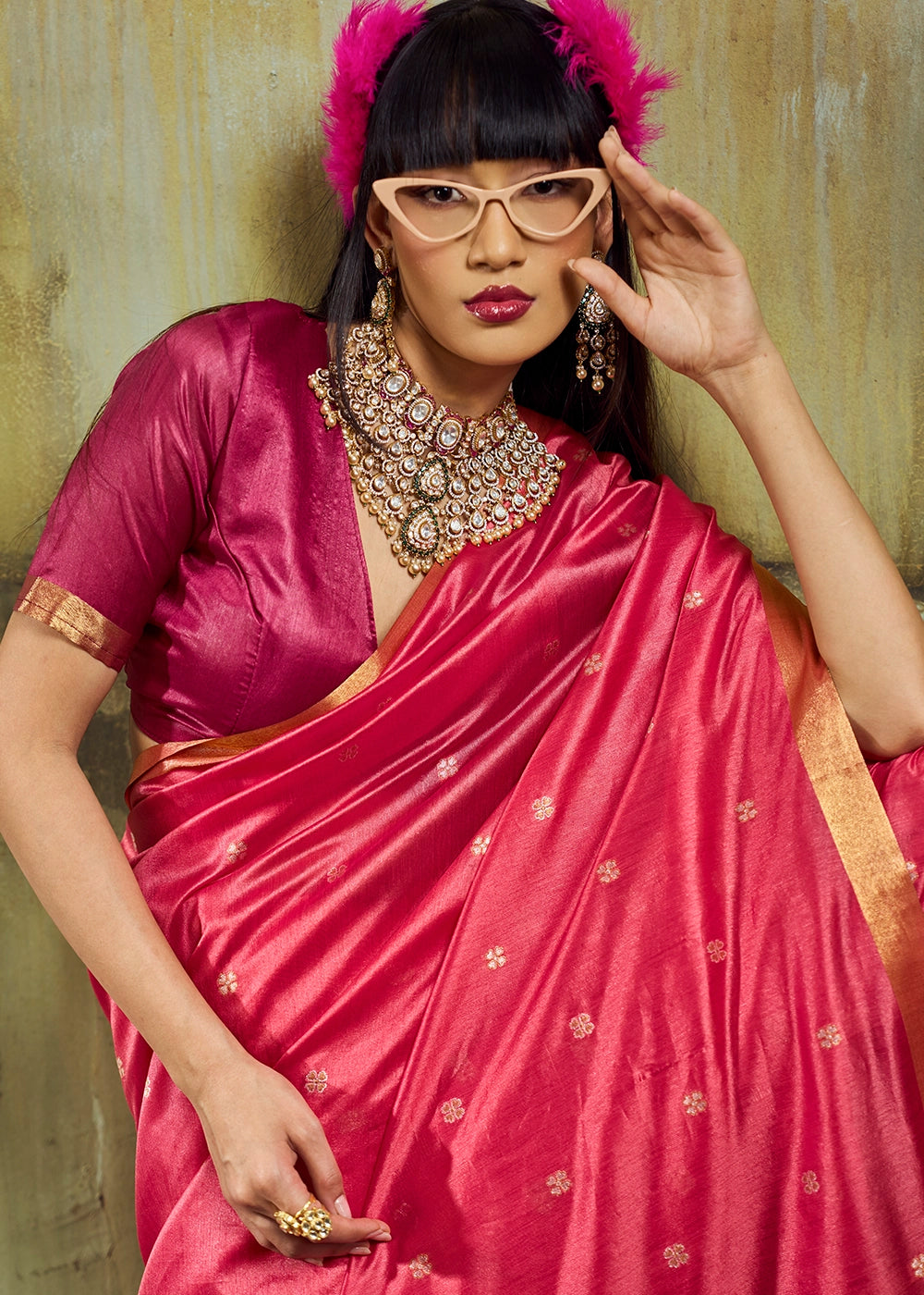 Cerise Pink Tussar Silk Handloom Woven Saree with Zari Butti