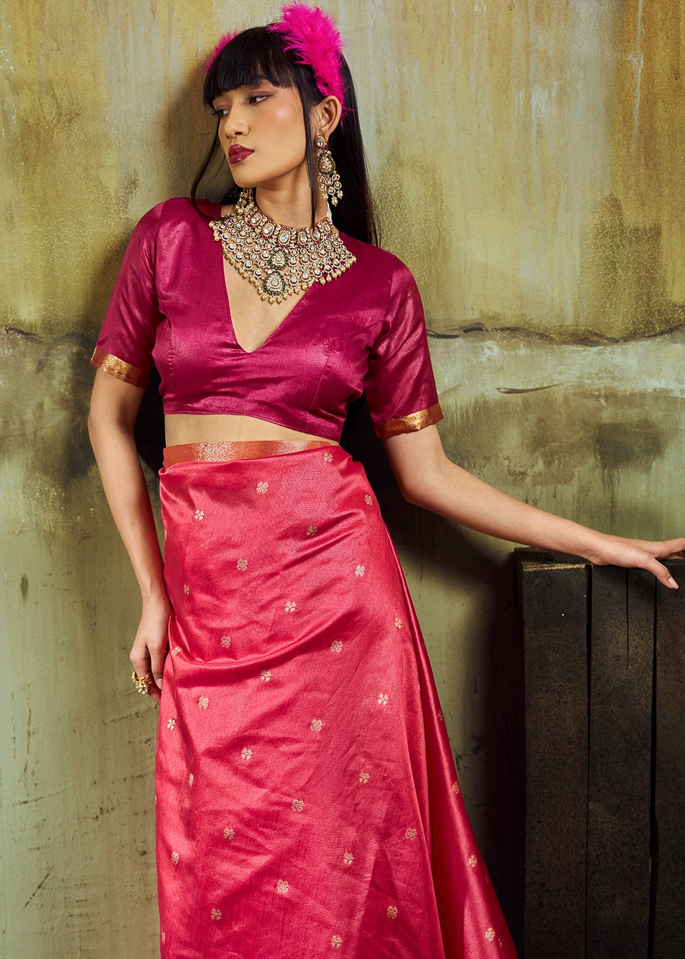 Cerise Pink Tussar Silk Handloom Woven Saree with Zari Butti