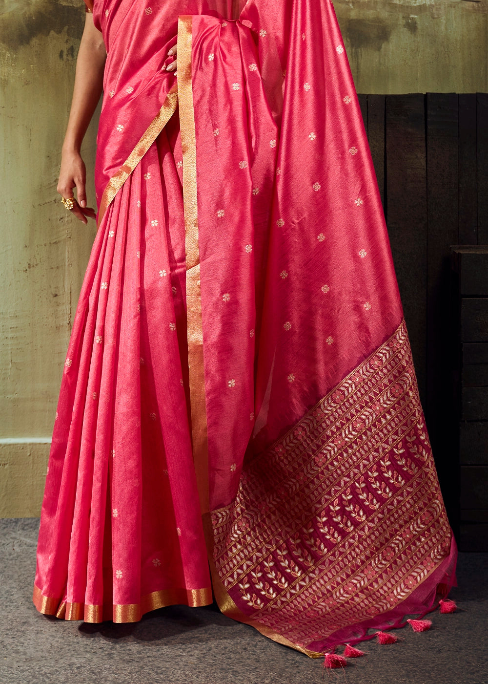 Cerise Pink Tussar Silk Handloom Woven Saree with Zari Butti