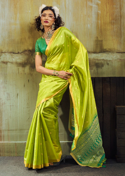 Lime Green Tussar Silk Handloom Woven Saree with Zari Butti