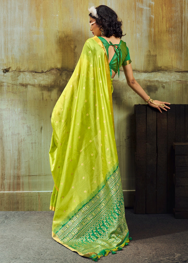 Lime Green Tussar Silk Handloom Woven Saree with Zari Butti