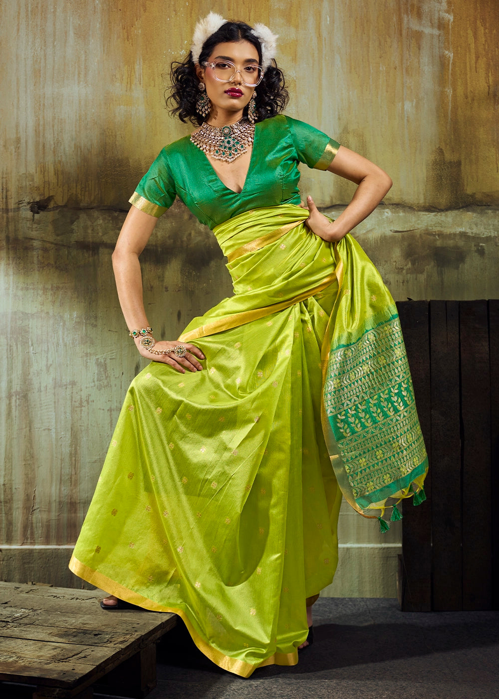 Lime Green Tussar Silk Handloom Woven Saree with Zari Butti