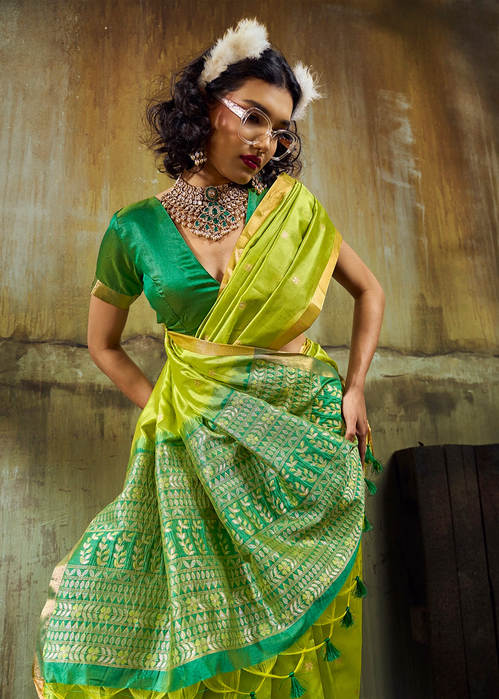Lime Green Tussar Silk Handloom Woven Saree with Zari Butti