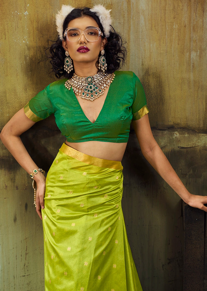 Lime Green Tussar Silk Handloom Woven Saree with Zari Butti