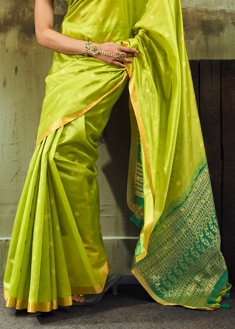 Lime Green Tussar Silk Handloom Woven Saree with Zari Butti
