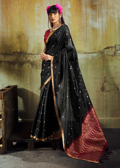 Onyx Black Tussar Silk Handloom Woven Saree with Zari Butti