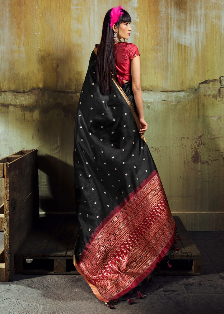 Onyx Black Tussar Silk Handloom Woven Saree with Zari Butti