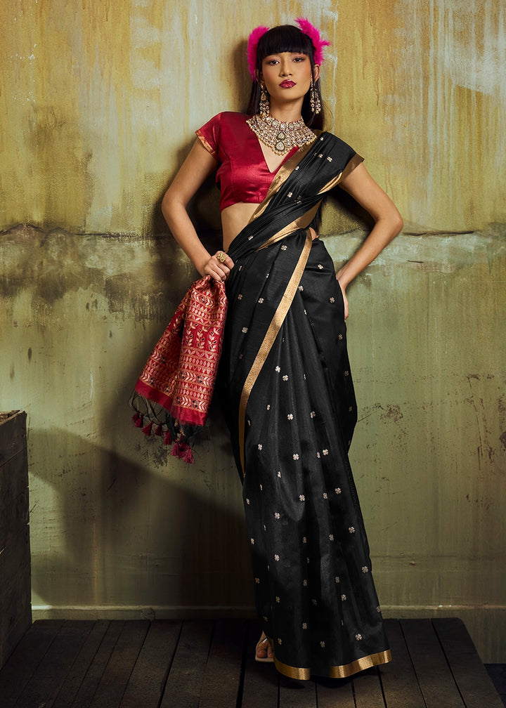 Onyx Black Tussar Silk Handloom Woven Saree with Zari Butti