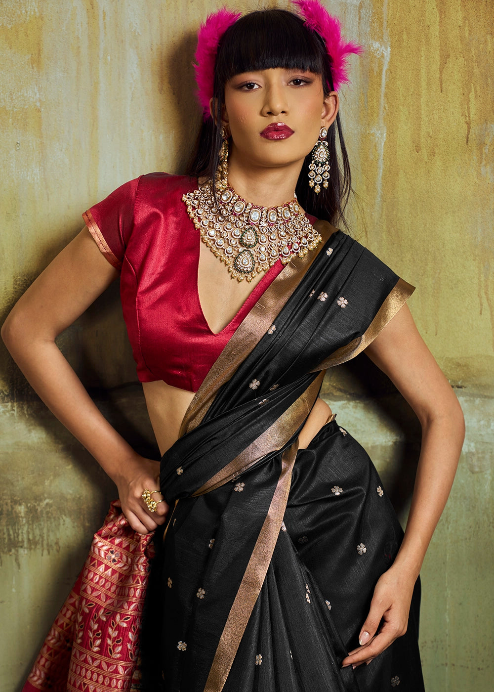 Onyx Black Tussar Silk Handloom Woven Saree with Zari Butti