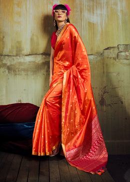 Tangerine Orange Tussar Silk Handloom Woven Saree with Zari Butti